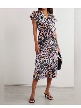 Veronica Beard Amani Silk Animal Print Tie Waist Midi Dress Size 2